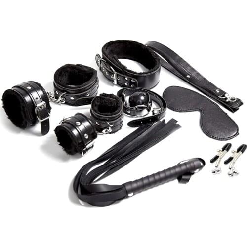 7 Pcs/set Handcuffs Bondage Erotic Plush Adult Sex Toys Set Alternative Ankle Cuffs Collar Blindfold Whip Mouth Ball Plug