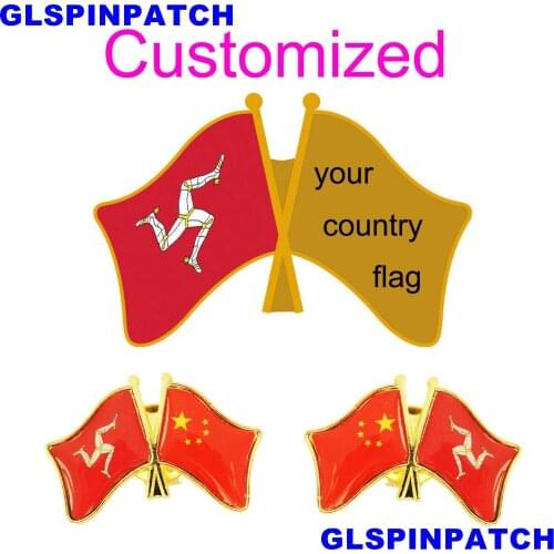 Isle of Man Crossed Friendship Flag Double Country lapel pin Brooch USA UK France Chile Russia Saudi Arabia Japan Spain Badge