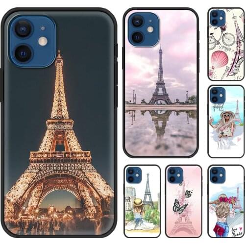 Cellphone Case For Apple iPhone 12 Pro Max 11 XR XS X 8 7 6S 6 SE20 12mini Cover Black Fundas TPU Eiffel Tower Postcard Drawing