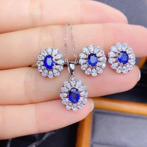 Flower Lab Sapphire Jewelry set 925 Sterling Silver Promise Party Wedding Rings Earrings Necklace For Women Bridal Jewelry