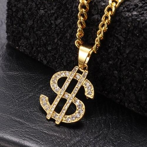 US Dollar Money Pendant Necklaces Hip Hop Gold Color Long Chain Trendy Crystal Dollar Sign Necklace For Men Women Jewelry Gift