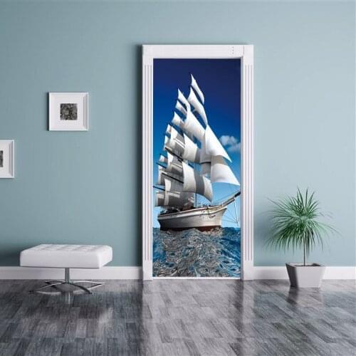 Door Stickers Sea Sailboat Waterproof Living Room Bedroom Door Wallpaper Self Adhesive Art Wall Decals Imitation Wall Sticker