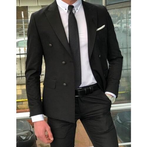 Custom Fashion Double Breasted Black Men Suits Slim Fit Groom Tuxedo For Wedding Dress Dinner Party Male Clothing (Jacket+Pants)
