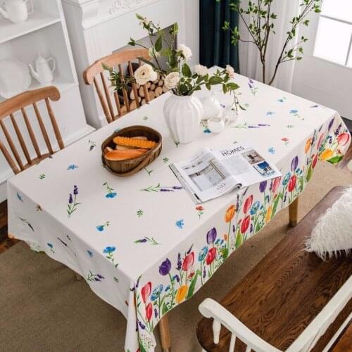 Cotton Linen Tablecloth Colorful Tulip Printed Garden Floral Table Cover Photo Background Fabric Rectangle Table Cloth