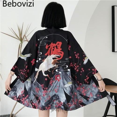 Bebovizi Crane Cherry Blossoms Print Japanese Cardigan Kimono Harajuku Women Black Yukata Streetwear Traditional Haori Clothing