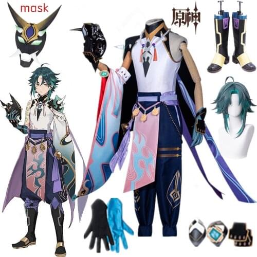 Game Genshin Impact Xiao Cosplay Costume Wig Shoes Kimono Uniform Halloween Party Customize Costumes Wig Shoes