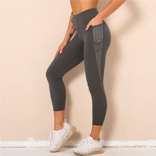 Rooftrellen 17%Spandex High Waist Leggings Stretch Fitness Pants With Pocket Mesh Sexy Leggings Push Up Solid Color Casual Pants