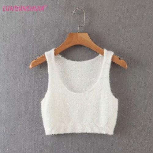 LUNDUNSHIJIA 2020 Summer Women’s Slim Short Style Tank Top White Imitation Mink Cashmere Crop Tops Ladies Knitting Tube Tops