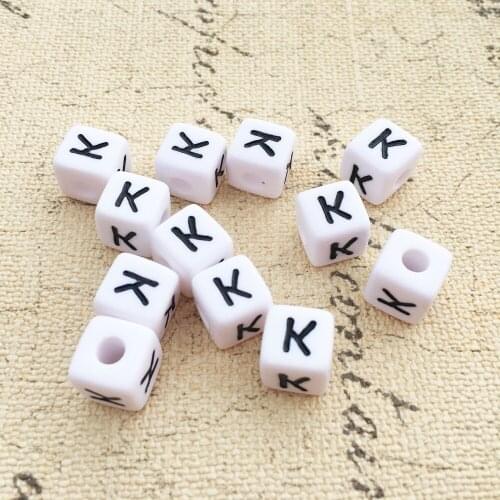 Mini Order 100pcs 10MM Square Acrylic Letter Beads Black K Printing White Cube Plastic Initial Alphabet Bracelet Beads