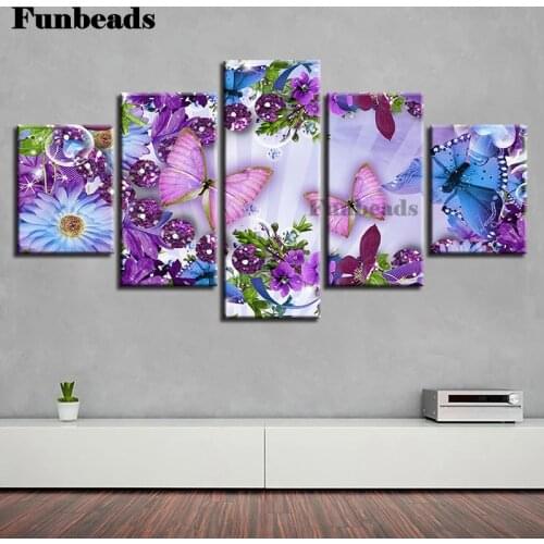 Butterflies Flowers diamond embroidery,Multi-Panel painting round drill 3d cross stitch mosaic diamond painting 5 pieces FF5598