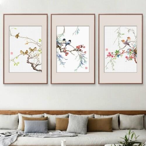 DIY handmade unfinished cross stitch kit Cute birds and flowers on branch Living room bedroom wall decoration painting