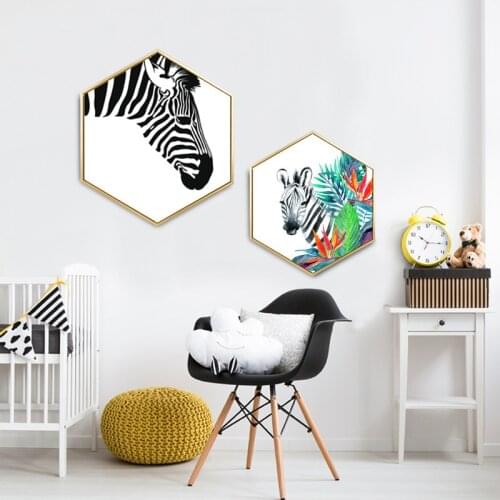 Zebra Hexagon Canvas Painting Posters and Prints Oil Painting Wall Art Canvas Framed Hallway Bedroom Picture Simple Style