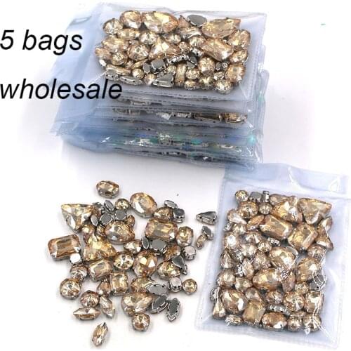 Wholesale 5 bags Champagne mixed shape rhinestones glass crystal sew on rhinestones whth sliver base claws diy clothing