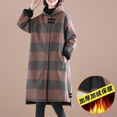 Autumn Winter Trenach Coat Womens New Korean Retro Loose Large Size Hooded Plaid Plus Velvet Warm Windbreaker Female Mid-long