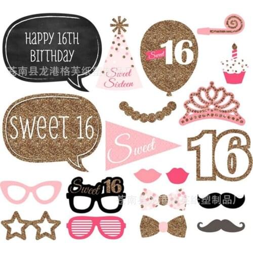 20Pcs/Set 16th Birthday Photo Booth Props Sweet 16 Party Decorations Pink Girl Birthday Photo Props PT37