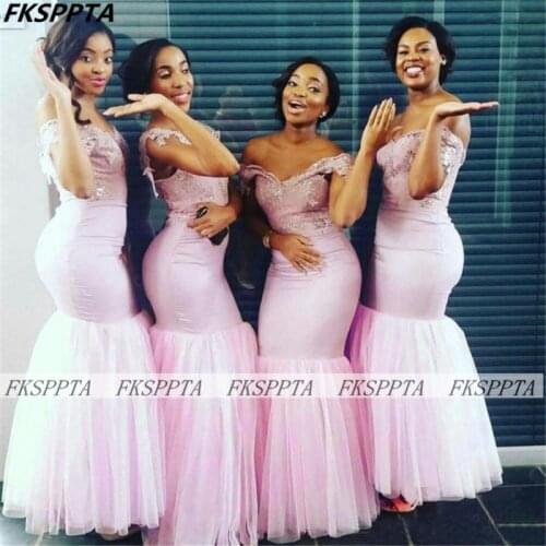 Pink Mermaid 2021 Wholesale Bridesmaid Dresses Off The Shoulder Corset Back Lace Tulle Black Girls Wedding Party Maids Gowns