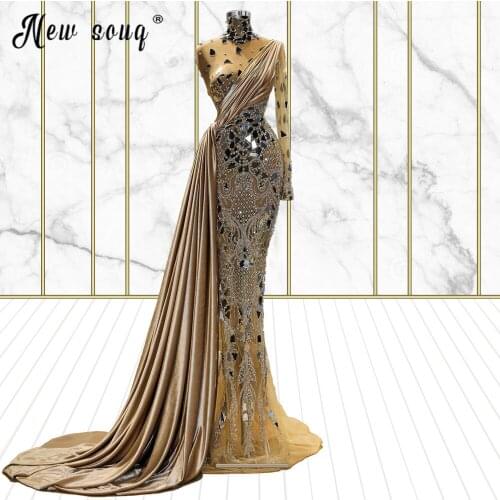 Luxury Shining Sequins Evening Dress Champagne One Shoulder Mermaid Longue Robes Formal Prom Dresses Vestido De Novia
