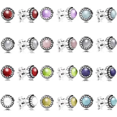 Authentic 925 Sterling Silver Earring Twelve Month Birthstone Birthday Earring Studs For Women Gift Party Fashion Jewelry