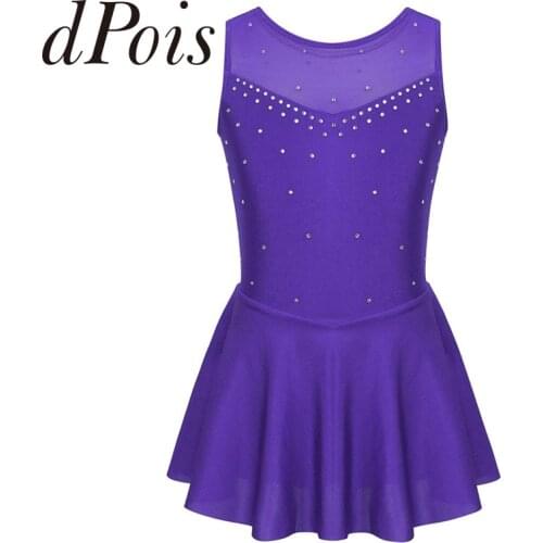 Kids Teens Sleeveless Sparkly Rhinestone Tulle Ice Figure Skating Dress Girls Gymnastics Leotard Dess Ballet Costume Dance Wear