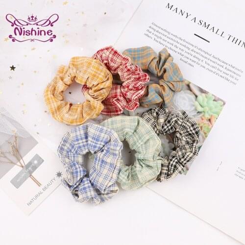 Nishine Korean Style Vintage Plaids Large Intestine Hair Rope Cute Women Elastic Hairbands Clothing Decoration Lady Accessories