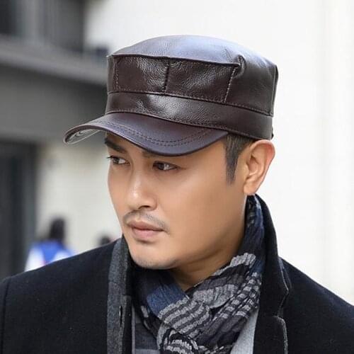 XdanqinX Unisex Winter Warm Thicker Genuine Leather Hat Flat Cap With Earmuffs Cowhide Military Hats For Men Women Brands Caps