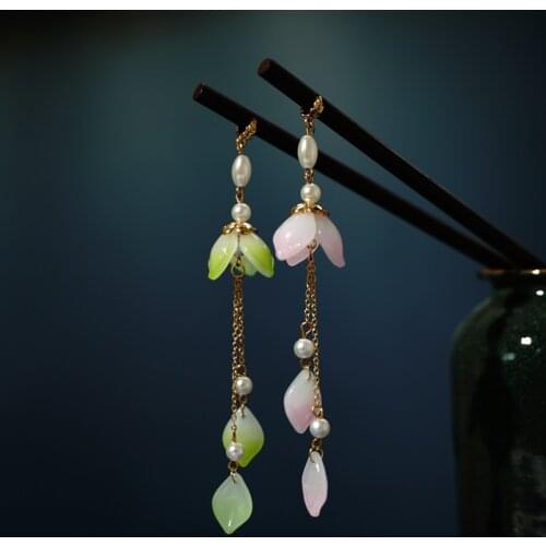 Newest Tulip Flower Hair Forks Long Tassels Hairpins Clips Wooden Hair Sticks Retro Step Shake Chinese Wedding Bride