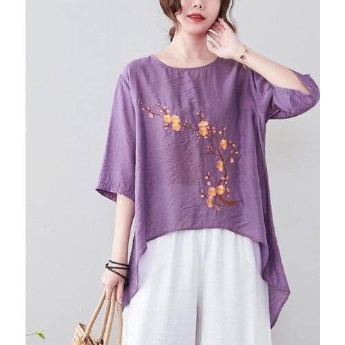 Women Loose Casual T-shirts New Arrival 2021 Summer Chinese Style Vintage Floral Embroidery Female Cotton Linen Tops Tees S3589