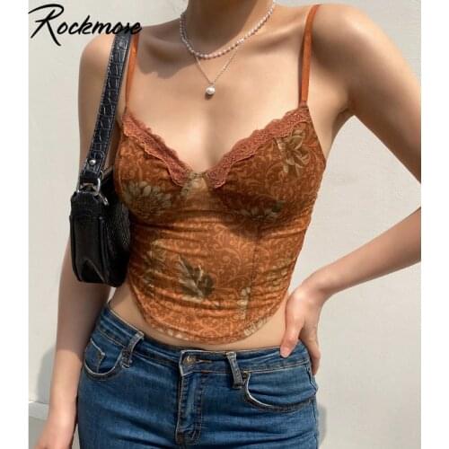 Rockmore Brown Vintage Mesh Crop Tops See Through Lace Trim Camisole Women Sexy Corset V Neck Print Tank Top Y2K Summer Femme
