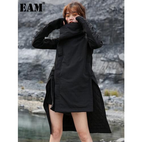 [EAM] Black Irregular Long Cotton-padded Coat Long Sleeve Loose Fit Women Parkas Fashion Tide New Autumn Winter 2021 YA77101