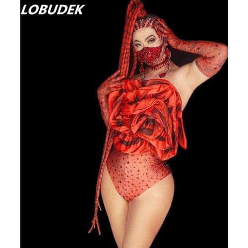 Festival Party Bar Nightclub Women Stage Wear Red Big Rose Rhinestones Bodysuit Gloves Outfit Sexy DJ Dancer Performance Costume