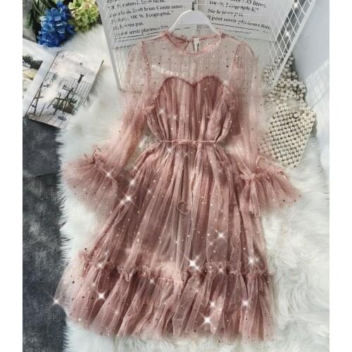 Women Summer Autumn Bling Sequins Mesh Dress Ruffles Lace Female Flare Sleeve Loose Vintage Dresses vestidos RH179