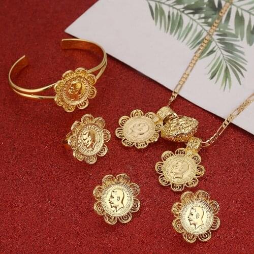 24K Gold Color African Cross Coins Ethiopian Women Wedding Jewelry Sets Accessories