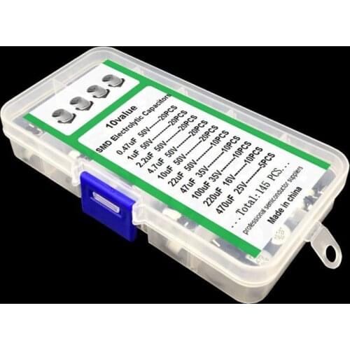 10values 145pcs SMD Electrolytic capacitor assorted kit 0.47V~50V 1uF~470uF with storage box