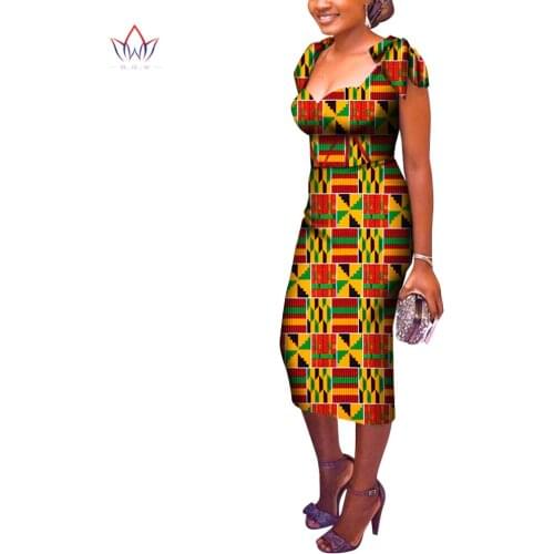 2020 Summer African Dress for Women Africa Bazin Riche Print Elegant Mid-Calf Lady Dress Plus Size Women Midi Dress WY6944