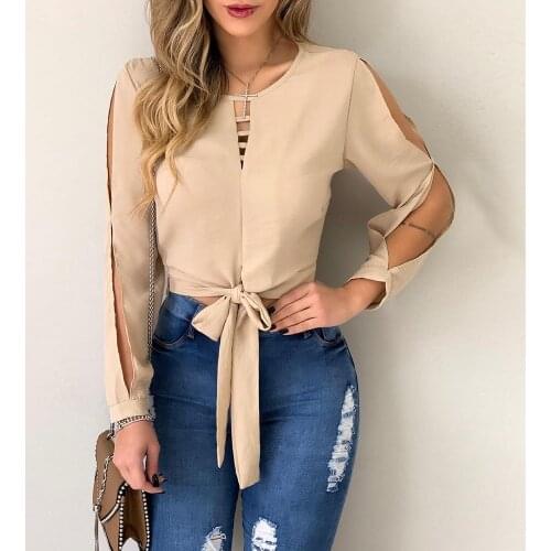 Womens Blouses Spring Autumn Hollow Out Khaki Blouse Bandage Long Sleeve Slim Tops Womens Clothing 2021 Casual Blusas Femme