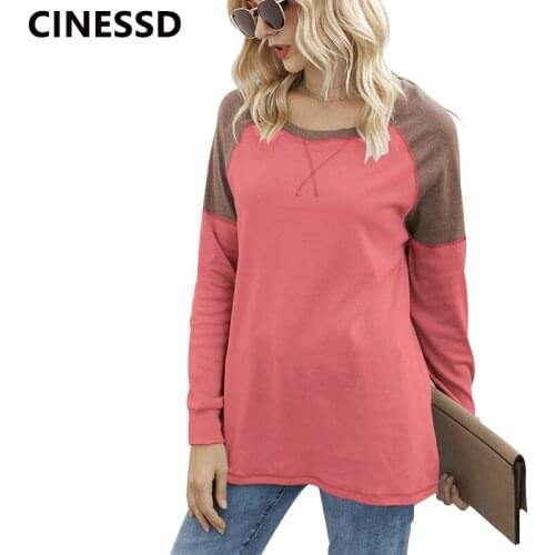 CINESSD Women O Neck Long Sleeves Casual Tshirts White Pullover Loose Tops Solid Patchwork Office Lady Spring Autumn Tee Shirts