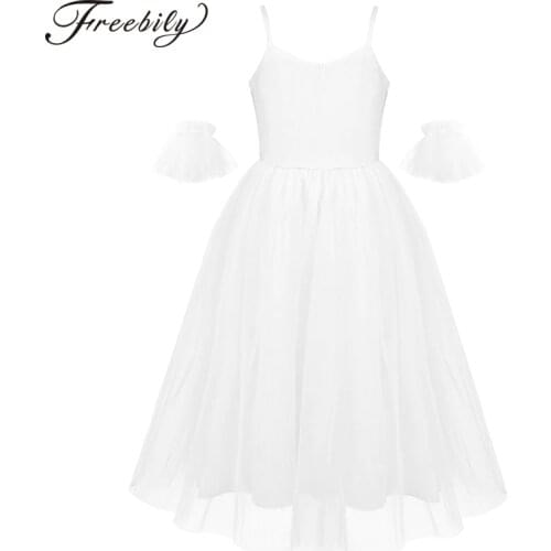Kids Girls Spaghetti Straps Professional Ballet Tutu Dress Romantic Ballet Dance Mesh Long Dress Ballerina Lyrical Dance Costume