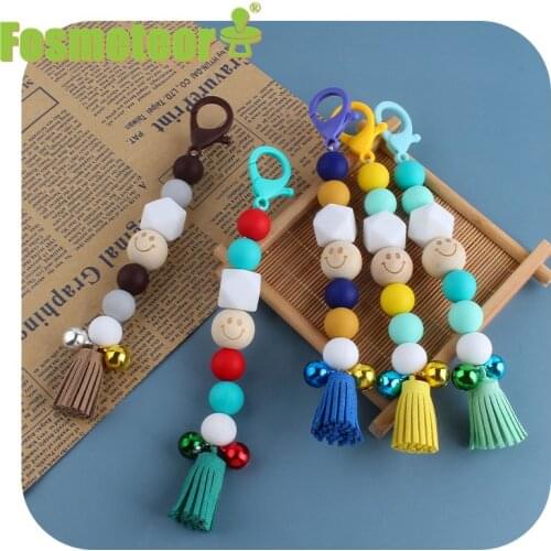 Fosmeteor Colorful Wood Beads Tassel Keychain Smile Face Flower Key Ring For Women Handmade Friendship Summer Jewerly Gifts
