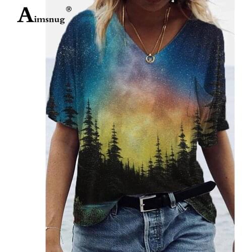 Natural Scenery Print T-shirt Bohemian 2021New Summer Casual Loose Womens Tops Oversized 3XL Female Tees Shirt Casual Pullovers
