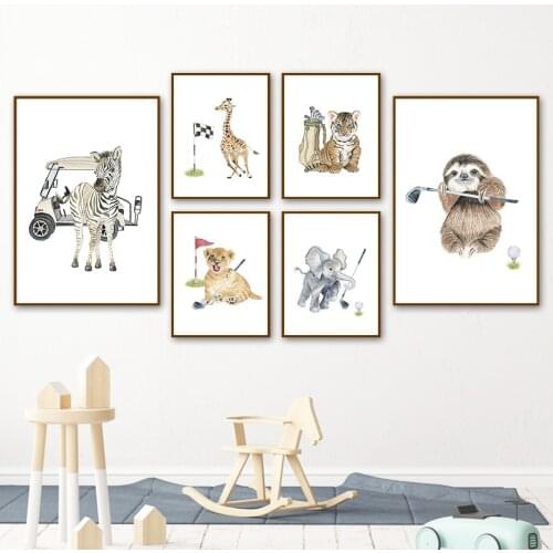 Golf Sheep Tiger Cow Giraffe Lion Zebra Lemur Wall Art Canvas Painting Nordic Posters And Prints Wall Pictures Kids Room Decor