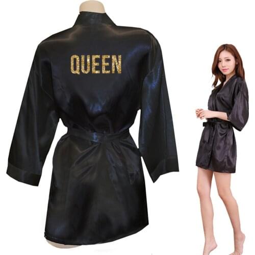 QUEEN Golden Glitter Print Kimono Robes Faux Silk Women Bachelorette Robes Men Gifts For Her Free Shipping