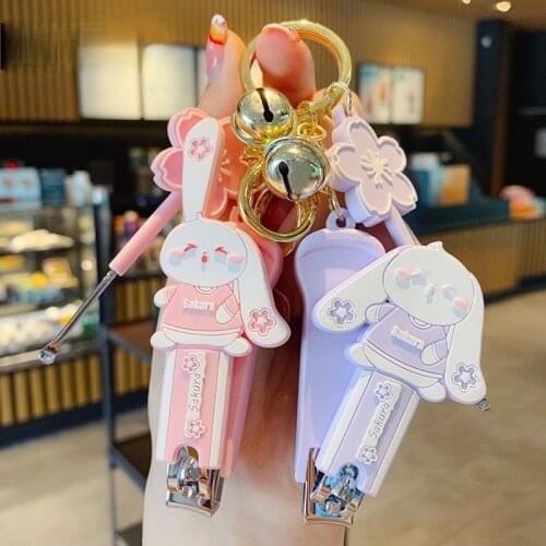 Cute Girly Cherry Pink Cute Rabbit Ear Spoon Nail Clippers Keychain Trend Fashion Pendant Creative Men and Women Accessories