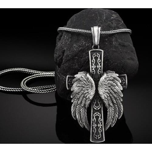 Mens Norse Cross Pendant Chain Antique Angel Wing Religion Necklaces Christian Cross Necklaces Sword Pure Tin Cross Pendant
