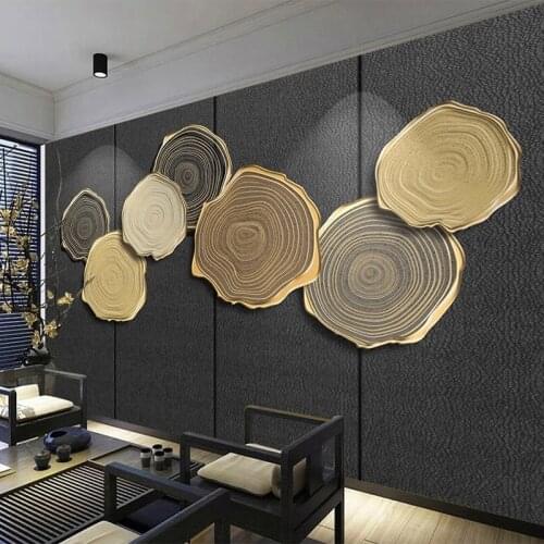 Custom 3D Mural Wallpaper Chinese Style Annual Ring Golden Embossed Line Fresco Living Room TV Sofa Background 3D Wall Painting