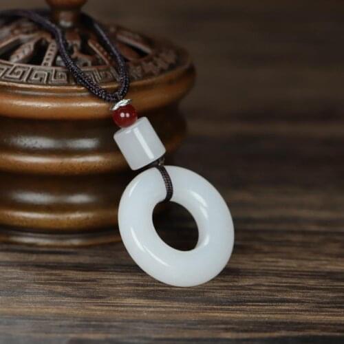 Natural white jade hand-carved safety button pendant simple retro temperament jewellery fashion for women men lucky