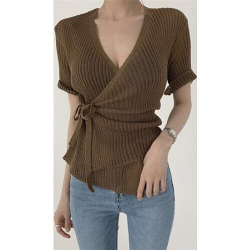 New Arrivals Short Sleeve Beige Tops Womens 2021 Summer Fashion Sexy V-Neck Bandage Irregualr Korean Kintted T-shirt Top Female