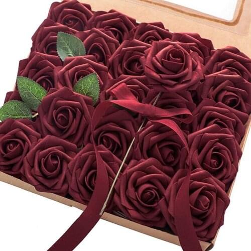 New Artificial Flowers 25Pcs Real Looking Burgundy Fake Roses with Stems for DIY Wedding Bouquets Red Bridal Shower