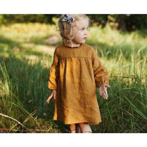 Autumn Toddler Kids Baby Girl Dress Pastoral Style Ruffles Long Sleeve Solid Cotton Linen Party Casual Dress Childrens Clothes
