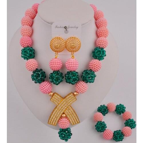 Peach and Teal Green Nigerian Necklace African Beads Jewelry Set Women Costume Jewellery Sets SP-2-17