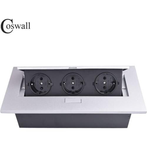 COSWALL Zinc Alloy Plate 16A Slow POP UP 3 Power EU Socket Office Meeting Room Table Outlet Black Module Straight Edge Steel Box